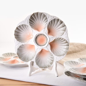 Majolica Oysters Plate. Antique Sarreguemines Oyster Plate. French Oyster Dishes. Vintage Pink Oyster Plate, Seafood Plate