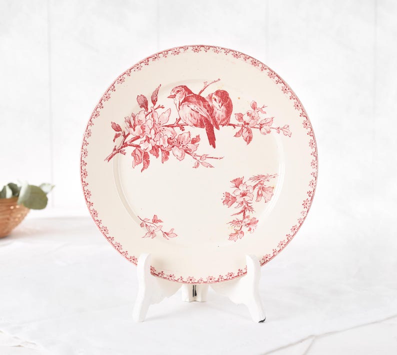 Antique Sarreguemines “Favori” Terre de Fer Plate 9” , French Country Red Transferware Birds Dinner Plate, Ironstone Wall or Table Decor.
