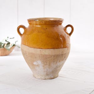 French Antiques Decor Large Confit Pot- Yellow Glazed Stoneware Earthenware Planter- Antique Farmhouse Rustic Provence Vase- Old Confit Jar