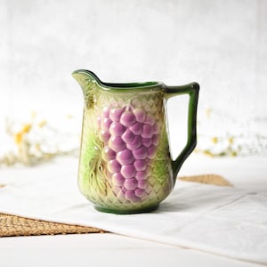Vintage French Saint-Clément Majolica Grape Pitcher- Antique Barbotine Ceramic Jug 1.4L- Rustic Farmhouse Decor Fruit Motif