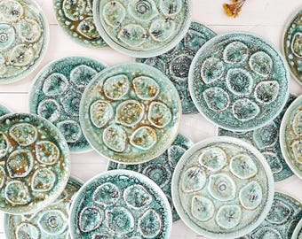French Antique Oyster Plate- Niderviller Majolica Oysters Plate - Vintage Oyster Dish - Green Turquoise Barbotine - US Customs Fees Covered