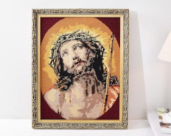 Jesus Canvas Wall Art- Vintage French Religious Embroidery- Catholic Decor- Sacred Heart Tapestry- Framed Christ Portrait- Catholic gift