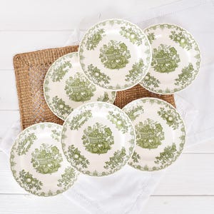 Set 6 Vintage Mason&#39;s Ironstone Fruit Basket Plates - Green Transferware English Dinnerware - Cottage Farmhouse Decor - Collectible 7.7&quot;