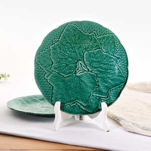Antique Gien Majolica Plate. Set of 2 Green Majolica Plates. French Antique Barbotine Dessert Plate from the &quot;Primefleur&quot; Collection.
