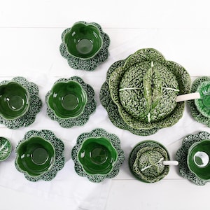 Vintage Majolica Cabbage Leaf Dinnerware Set, Green Ceramic Soup Tureen With Lid, Bowls Plates Gravy Boat, FB Portugal Ceramic Kitchen Decor