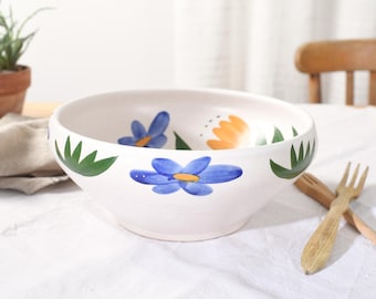 Vintage French Marais Stoneware Bowl, 1960s Hand-Painted Ceramic, Floral Decorative Tableware