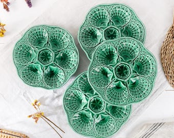 Sarreguemines Green Oyster Plate - Majolica French Barbotine Oyster Plate From 1930 - Antique Ceramic Oysters and Seafood Plate