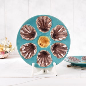 Vintage French Oyster Plate– Majolica Ceramic Oyster Serving Dish– Turquoise Brown Mid Century Faience Tableware– Antique Bavent Barbotine