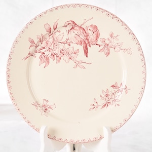 Puede incluir: Plato de cer&aacute;mica color crema con dise&ntilde;o de p&aacute;jaros y flores en rojo. Dos p&aacute;jaros posados en una rama florecida, con detalles florales adicionales. El borde tiene un delicado patr&oacute;n rojo. Una pieza decorativa para la cocina o el comedor, de unos 25 cm de di&aacute;metro.