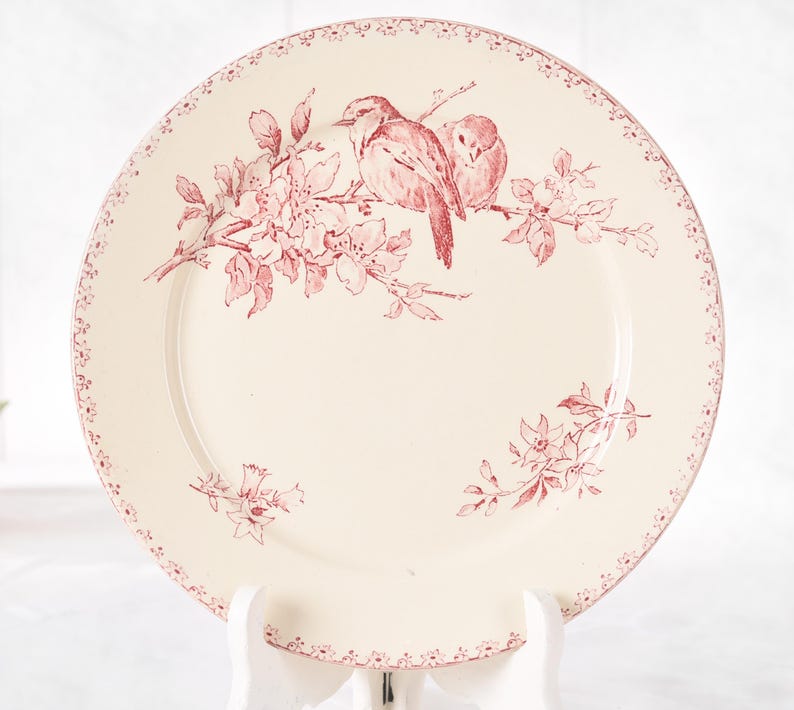 Puede incluir: Plato de cer&aacute;mica color crema con dise&ntilde;o de p&aacute;jaros y flores en rojo. Dos p&aacute;jaros posados en una rama florecida, con detalles florales adicionales. El borde tiene un delicado patr&oacute;n rojo. Una pieza decorativa para la cocina o el comedor, de unos 25 cm de di&aacute;metro.