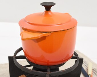 ensemble fondue Cousances chaudron orange fonte vintage rare Creuset