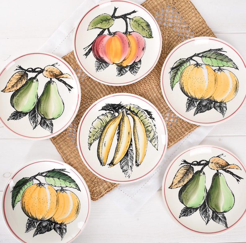 Vintage Gien France Fruit Plate- French Faience Wall Plate- Majolica Style- Ceramic Pear Banana Peach Dish- Country Kitchen Decor