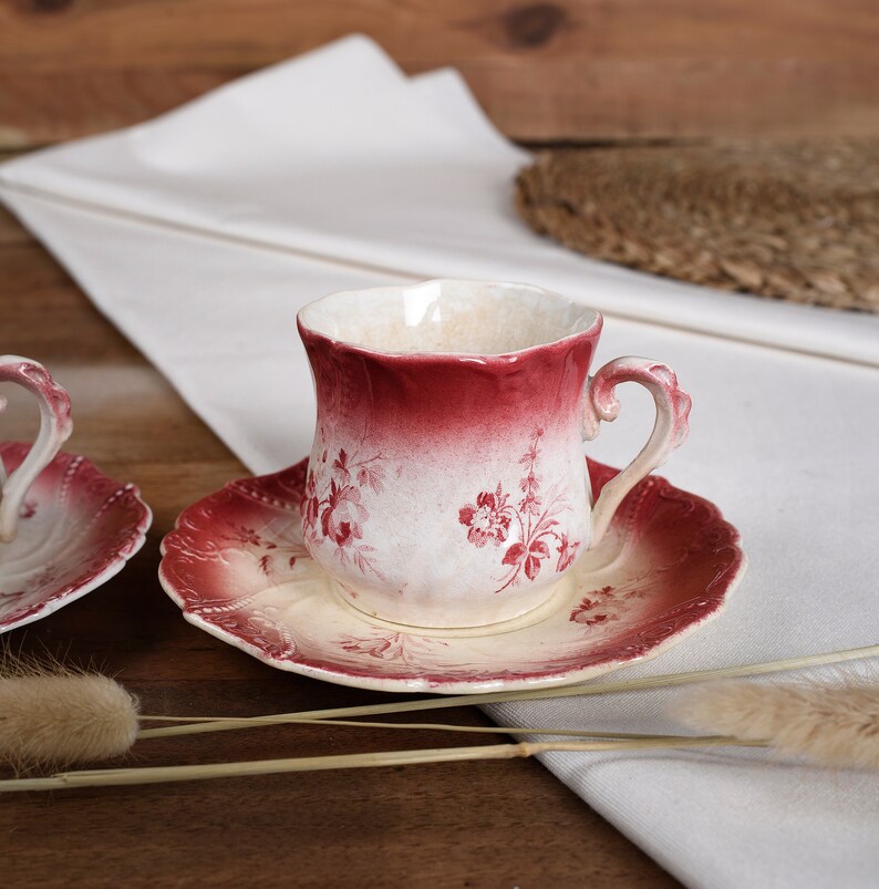 Tasse et sous tasse en faïence de U & C Sarreguemines. Modèle Perse. Lot de 2. Vaisselle ancienne française, service à café du XIXème siècle.