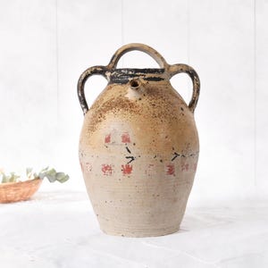 大きなアンティークの侘び寂びの花瓶、古い石器のピッチャー、農家の素朴な水差し、フレンチカントリーデコ