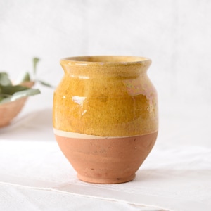 Small French Antique Yellow Confit Pot- Vintage Rustic Farmhouse Terracotta Earthenware- Provence Country Kitchen Decor-Mini Glazed Clay Jar