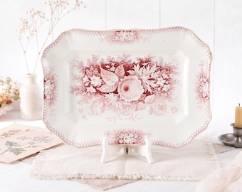 Rare Antique Villeroy  Boch "Old Waller" Porcelain Large Platter, Pink Transferware, French Country Serving Tray, Red Floral Ironstone 15.7"