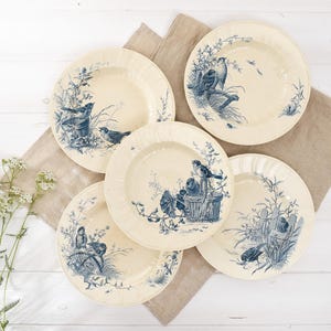 Assiette Gien Ancienne - Faïence Française "Oiseaux" Transferware - Plat Bleue & Blanche - Décor Cuisine Campagne - Terre de fer