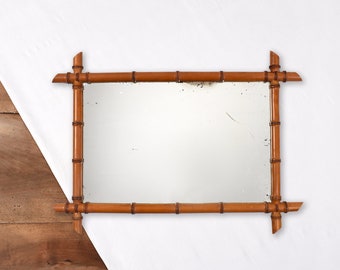 Grand miroir ancien en bois tourné, imitation bambou. Authentique miroir vintage de barbier, pour décoration murale.