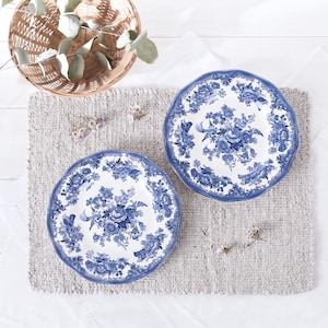 SET OF 2 Vintage Enoch Wedgwood Asiatic Pheasants Plates - Blue & White Transferware- English Cottagecore Dessert Salad Plates- 7.8"