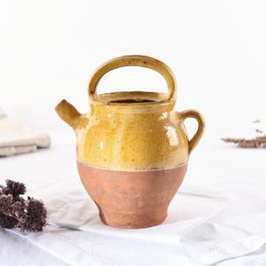 Vintage French terracotta water jug- yellow glazed pottery- rustic farmhouse decor- provencal pitcher- wabi sabi vase- French Country deco