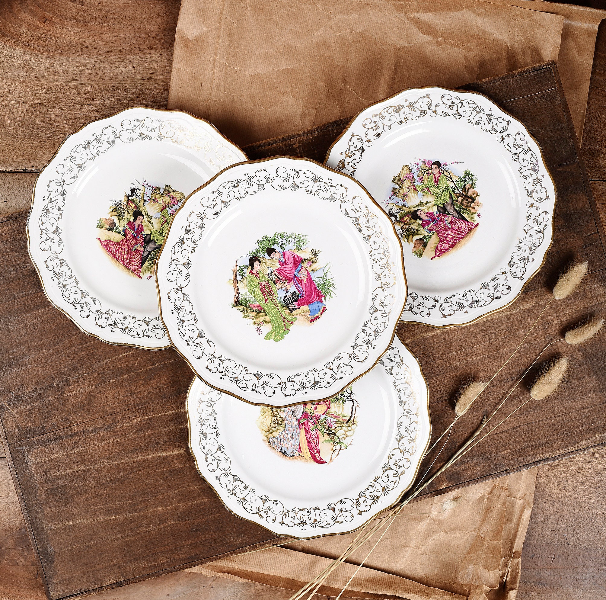 8月末まで_セットSt. Amand Nord ORCHIESディナープレート St Amand Plate. Set of 4 Vintage French China Plates