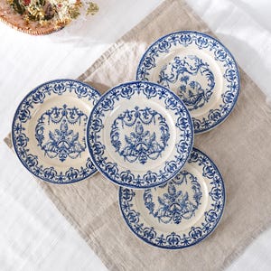 4 Jules Vieillard Plates, Blue Transferware Terre de Fer, Ironstone Patinated Antique Faience, Wabi Sabi French Deco, Moustiers Cherub Decor