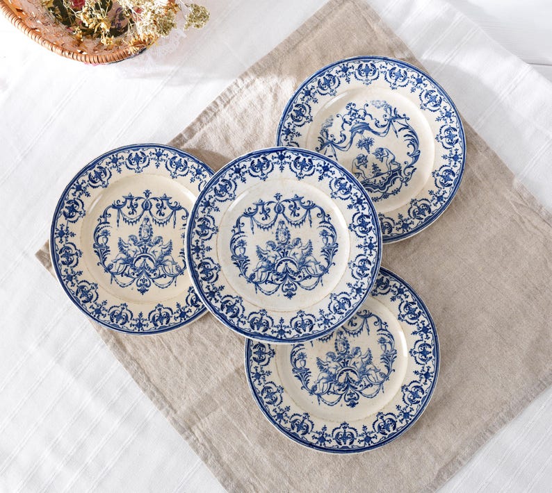 4 Jules Vieillard Plates, Blue Transferware Terre de Fer, Ironstone Patinated Antique Faience, Wabi Sabi French Deco, Moustiers Cherub Decor
