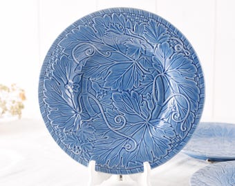 Bordallo Pinheiro Blue Majolica Plate, Large 12.4" Vine Leaf Serving Platter, Vintage Portuguese Engagements Gift, French Country Deco