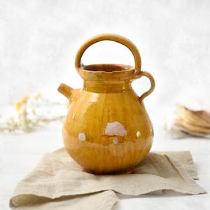 Antique French Yellow Glazed Pitcher- Rustic Earthenware Water Jug- Vintage Farmhouse Carafe- Provence Kitchen Decor- Old Pottery Vase.