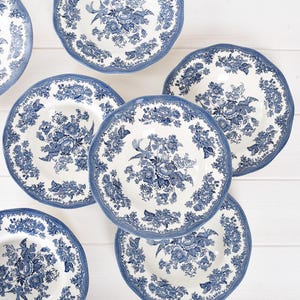 Rare Set 7 Antique Wedgwood Asiatic Pheasants Soup Bowls - Blue White Transferware Ironstone - English Farmhouse Dinnerware
