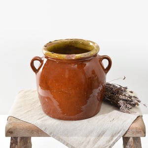 French Antique Confit Pot- Brown Glazed Terracotta Jar with Ochre Drip Rim- Rustic Farmhouse Kitchen Decor- Confit Jar- French Country Deco.
