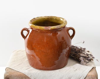 Olla de confitería antigua francesa - Tarro de terracota esmaltado en marrón con borde de goteo ocre - Decoración rústica de cocina de granja - Tarro de confitería - Decoración campestre francesa.