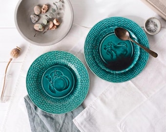 Rare Set of 2 Antique French Rubelles Majolica Plates | 19th Century Emerald Green Barbotine | Fruit Motif & Basketweave Rim