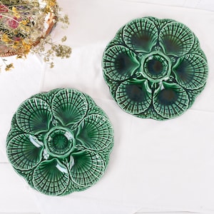 Vintage French Sarreguemines Green Oyster Plates x2 – Antique Majolica Coastal Tableware – Farmhouse Kitchen Décor - US Customs Fees Covered