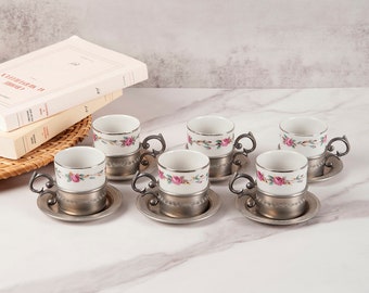 Tasses à café en porcelaine décorée Sebring, étain Rein Zinn. Lot de 6. Espresso Demitasse. Service à café ancien.