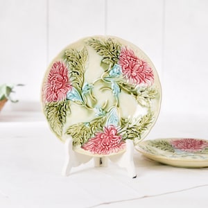 French Antique Onnaing Majolica Barbotine Flower Plates Pair- Pink Green Raised Relief Ceramic Wall Decor- Cottagecore Farmhouse Dinnerware.