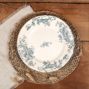 Antique Transferware Plate French Stoneware Serving Dish 19th century Blue Sea Decor, Marine Model. Ironstone platter, Terre de Fer.