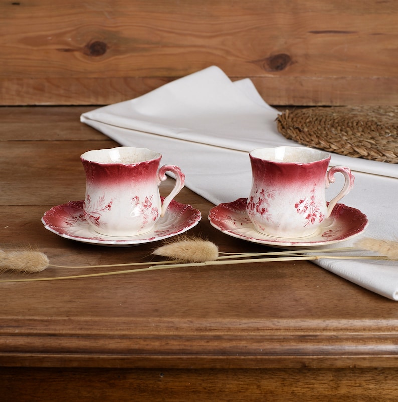 Tasse et sous tasse en faïence de U & C Sarreguemines. Modèle Perse. Lot de 2. Vaisselle ancienne française, service à café du XIXème siècle.