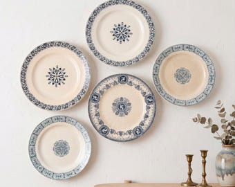 Set of 5 Antique French Wall Plates, Blue and Ivory Transferware, 19th Century Ironstone - Mismatched Collection