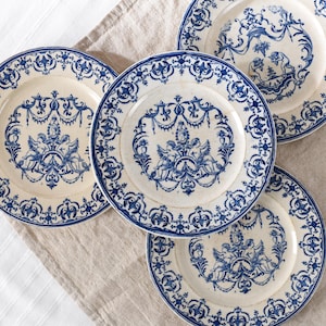 4 Jules Vieillard Plates, Blue Transferware Terre de Fer, Ironstone Patinated Antique Faience, Wabi Sabi French Deco, Moustiers Cherub Decor