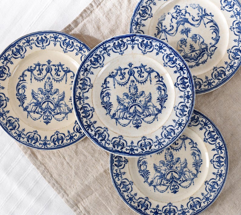 4 Jules Vieillard Plates, Blue Transferware Terre de Fer, Ironstone Patinated Antique Faience, Wabi Sabi French Deco, Moustiers Cherub Decor