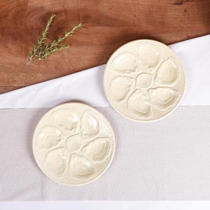 Oyster Plates Set- French Antique Stoneware Oyster Plate - Set of 2- Vintage Sand-Colored Oysters Plate