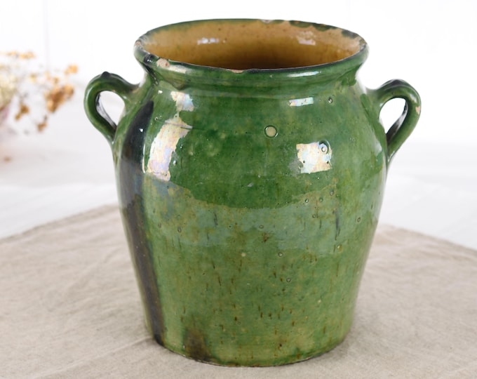 French Antique Green Confit Pot, Rustic Wabi Sabi Vase, Large French Country Confit Jar, Primitive Farmhouse Kitchen Pottery Decor