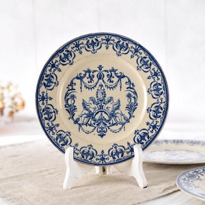 4 Jules Vieillard Plates, Blue Transferware Terre de Fer, Ironstone Patinated Antique Faience, Wabi Sabi French Deco, Moustiers Cherub Decor