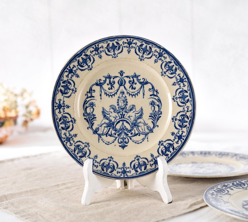 4 Jules Vieillard Plates, Blue Transferware Terre de Fer, Ironstone Patinated Antique Faience, Wabi Sabi French Deco, Moustiers Cherub Decor