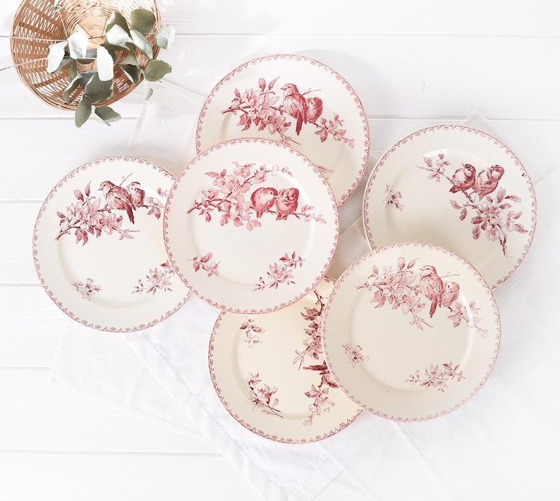 Antique Sarreguemines “Favori” Terre de Fer Plate 9” , French Country Red Transferware Birds Dinner Plate, Ironstone Wall or Table Decor.