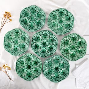 Sarreguemines Green Oyster Plate - Majolica French Barbotine Oyster Plate From 1930 - Antique Ceramic Oysters and Seafood Plate