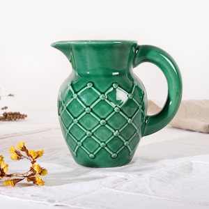 French Antique Green Pottery Pitcher- Majolica Pitcher- Green Majolica- Barbotine Majolica- Decorative Pitcher- Vintage Jug- French Pottery