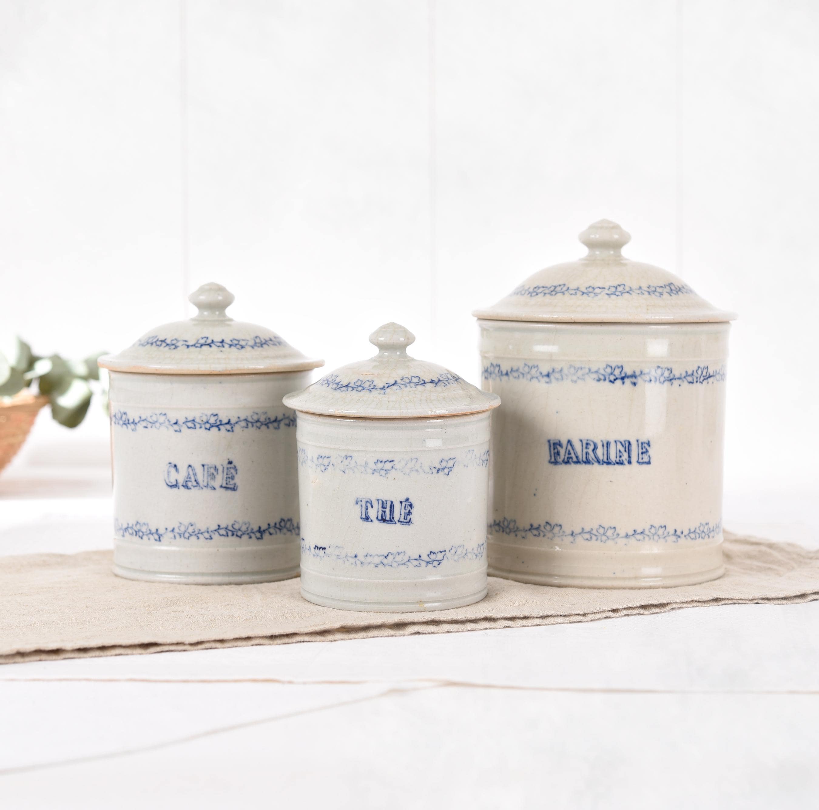 フランスアンティーク St Uze キャニスターセット 蓋付き - ブルー