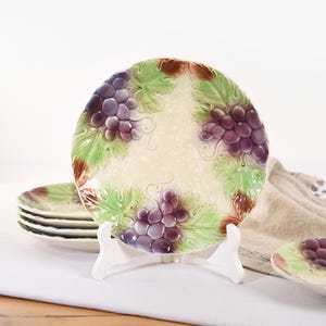 Set of 6 Vintage French Majolica Plates – Antique Barbotine Grape & Vine – Early 1900s Decorative Plates – Wall or Table Display